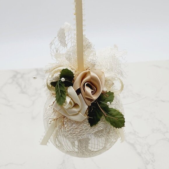 Vintage Handmade Lace Covered Christmas Ball Ornament White Floral Satin Ribbon - Picture 2 of 6